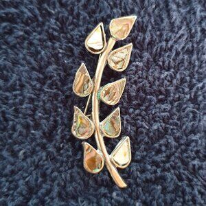 Vintage Mexico Hand Crafted Alpaca Silver Abalone Inlay Leaf Brooch